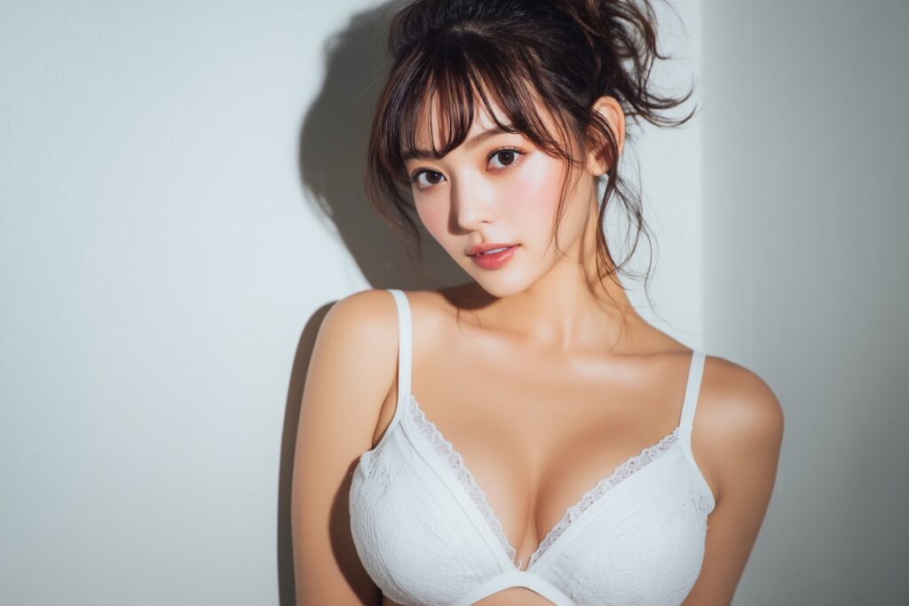 白い下着姿で微笑む人妻のチャットレディ